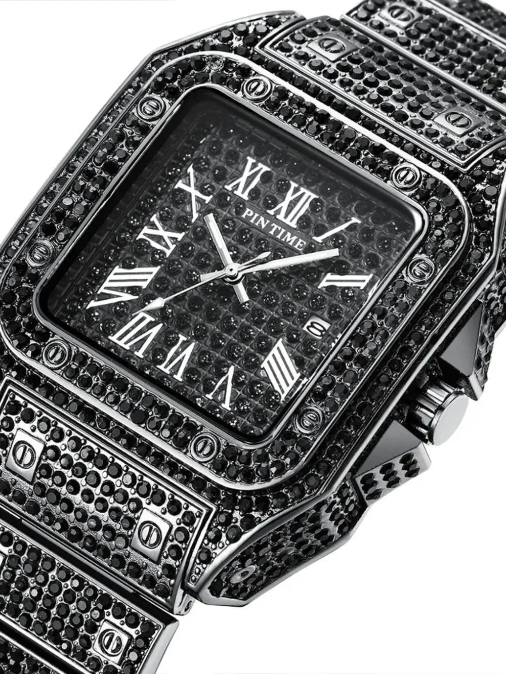 Pintime Black Crystal-Accented Square Men's Watch
